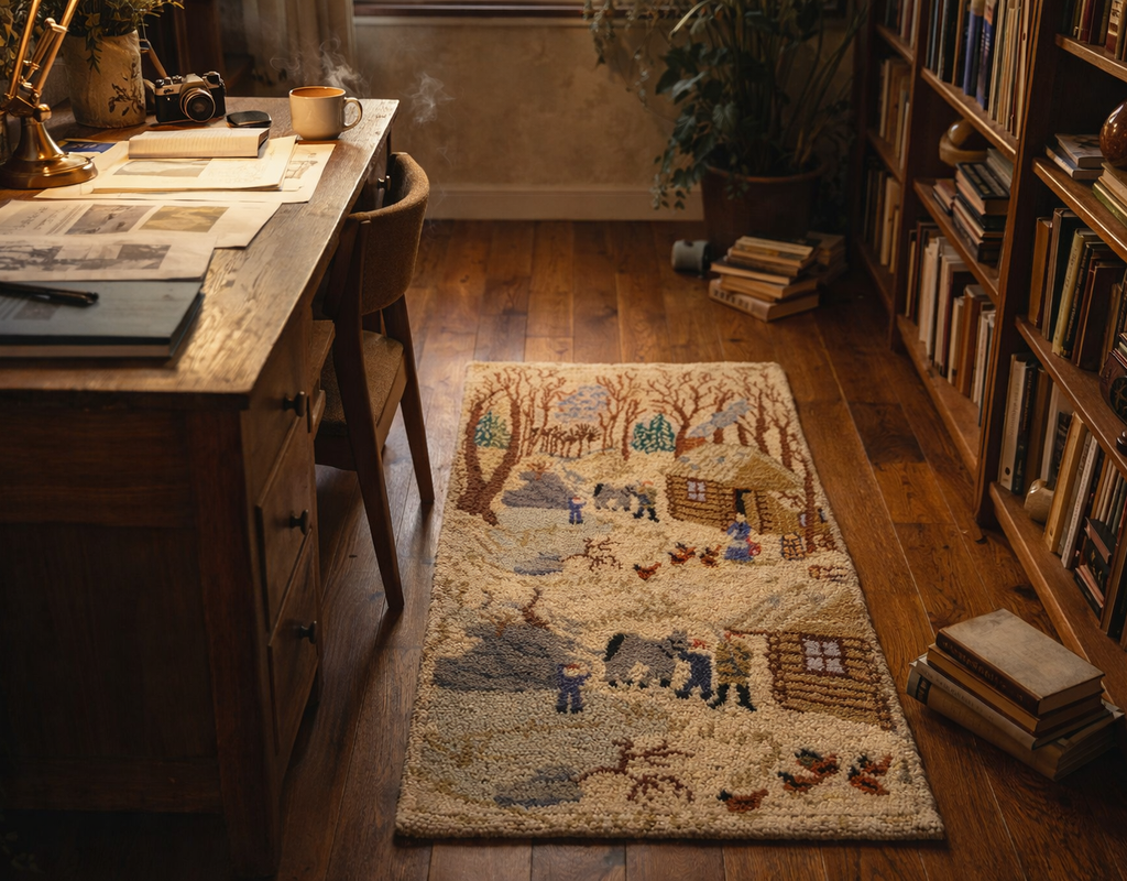 A folk art scenic rug on a hardwood floor in a cozy study with a wooden desk and bookshelves. By rugs on net