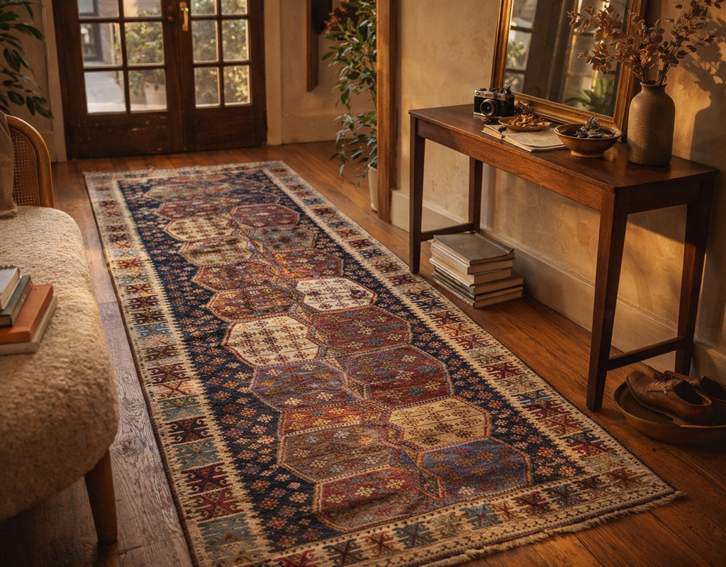Geometric tribal runner rug in a warm-lit entryway with a wooden console and bouclé chair. By rugs on net