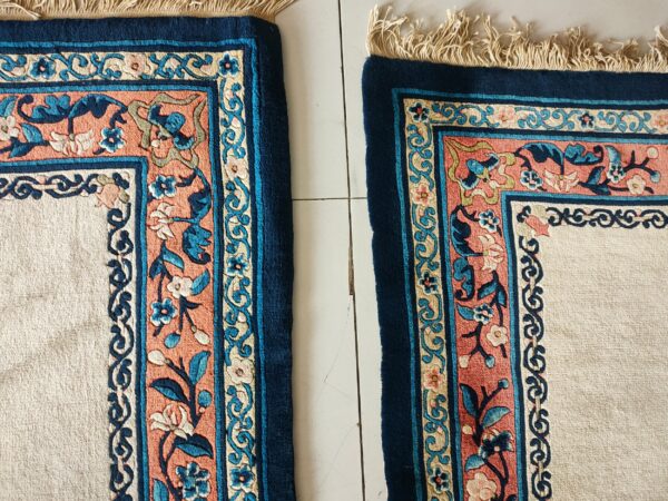 Pair of vintage open light ivory color open field long peking chinese hallway runner rugs - image 2