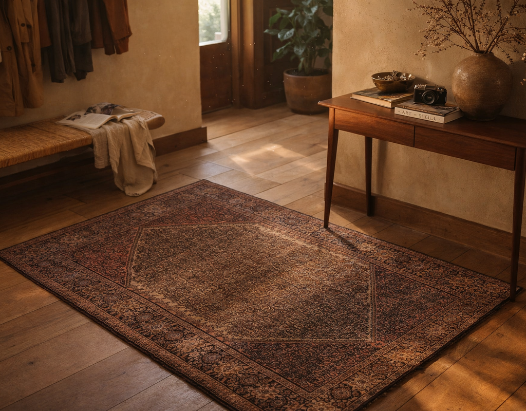 Vintage persian-style rug with intricate patterns in a warm, sunlit room with rustic wooden furniture and plaster walls. By rugs on net