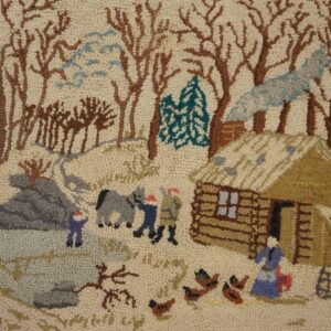 Semi-Antique Pictorial Carpet with Cabin in Snow 2'3" x 4'7" American Hooked Rug