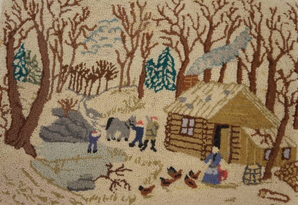 Semi-antique pictorial carpet with cabin in snow 2'3" x 4'7" american hooked rug
