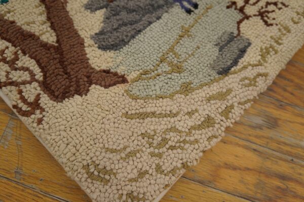 Semi-antique pictorial carpet with cabin in snow 2'3" x 4'7" american hooked rug