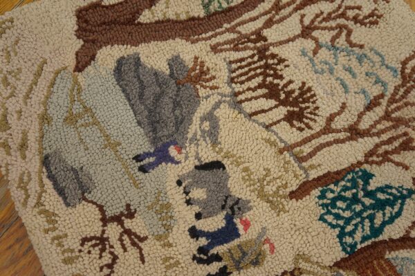 Semi-antique pictorial carpet with cabin in snow 2'3" x 4'7" american hooked rug