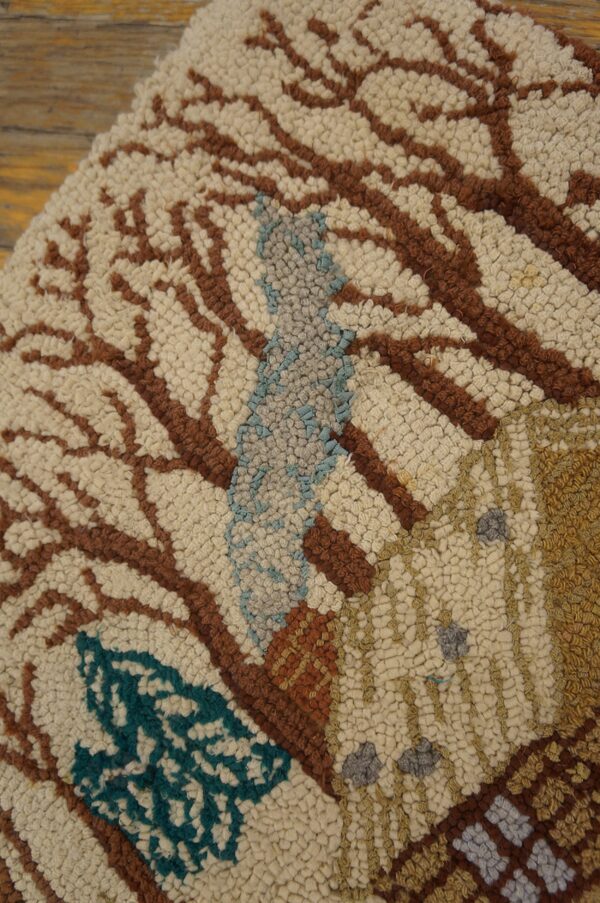 Semi-antique pictorial carpet with cabin in snow 2'3" x 4'7" american hooked rug