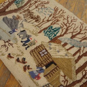Semi-Antique Pictorial Carpet with Cabin in Snow 2'3" x 4'7" American Hooked Rug