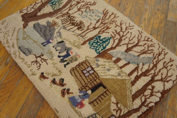 Semi-antique pictorial carpet with cabin in snow 2'3" x 4'7" american hooked rug