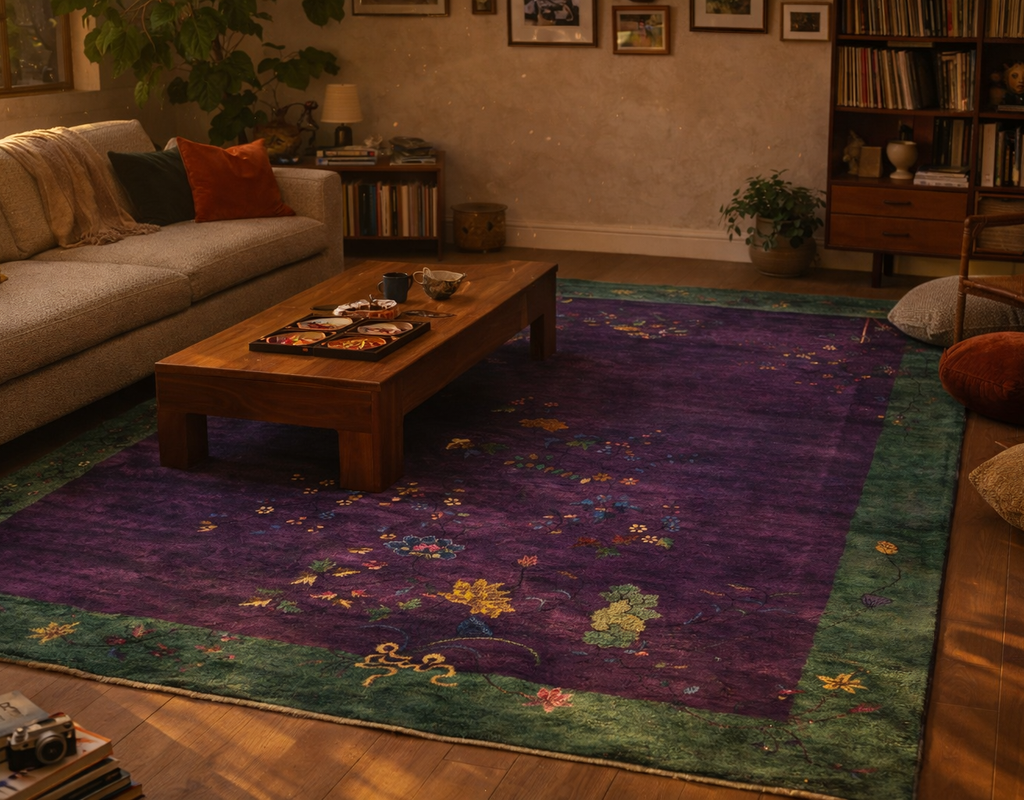 Vintage purple rug with floral patterns and green border in a cozy, sunlit bohemian living room. By rugs on net
