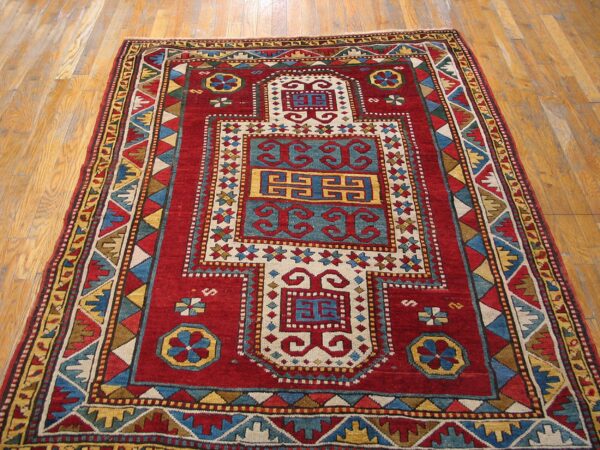 Small red tribal geometric antique bold caucasian kazak scatter rug - image 5