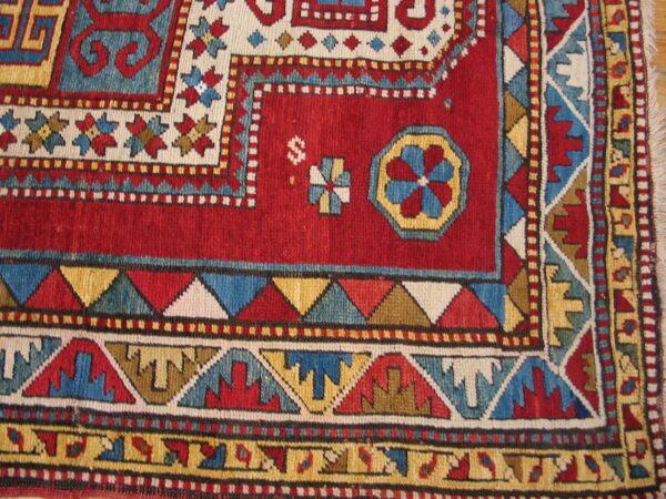 Small red tribal geometric antique bold caucasian kazak scatter rug - image 4