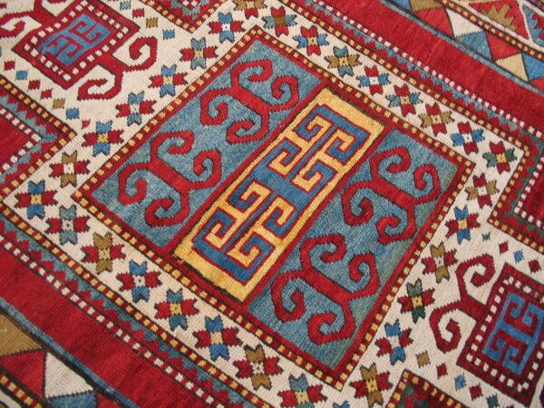 Small red tribal geometric antique bold caucasian kazak scatter rug - image 3