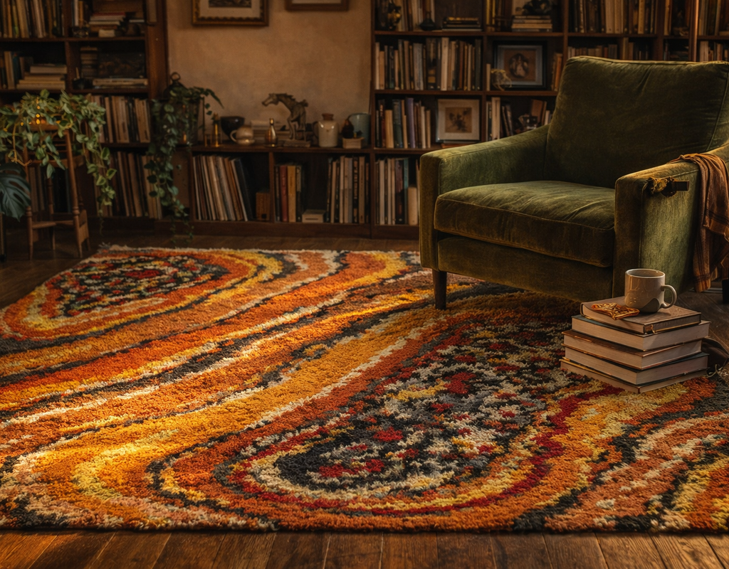 Vibrant orange and yellow wavy patterned rug in a cozy library with a green velvet armchair and wooden bookshelves. By rugs on net