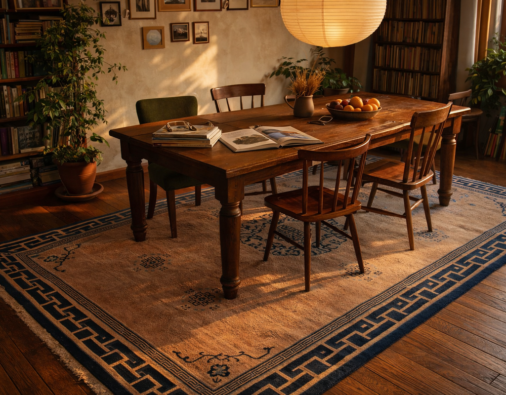 Tan area rug with blue greek key border under a rustic wooden dining table in a cozy, sunlit room. By rugs on net
