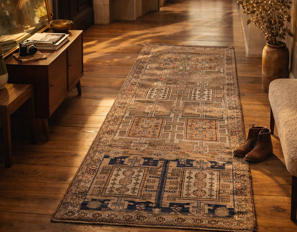 A long vintage patterned runner rug on warm hardwood floors in a sunlit hallway with mid-century furniture. By rugs on net