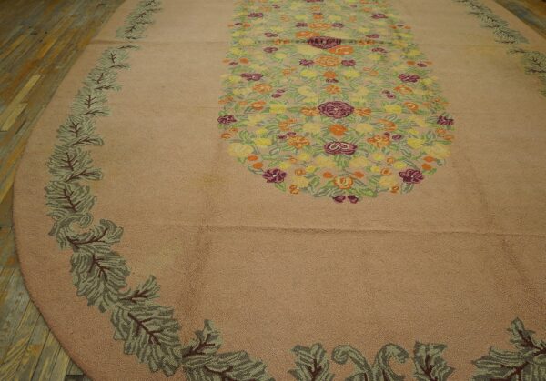 Large oversized oval shape ivory antique european floral pattern american hooked rug - image 2