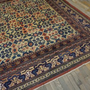 Close-up of a beige field rug with blue and coral floral patterns and a detailed border, by Rugs On Net