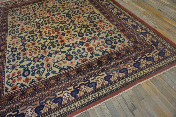 Close-up of a beige field rug with blue and coral floral patterns and a detailed border, by rugs on net