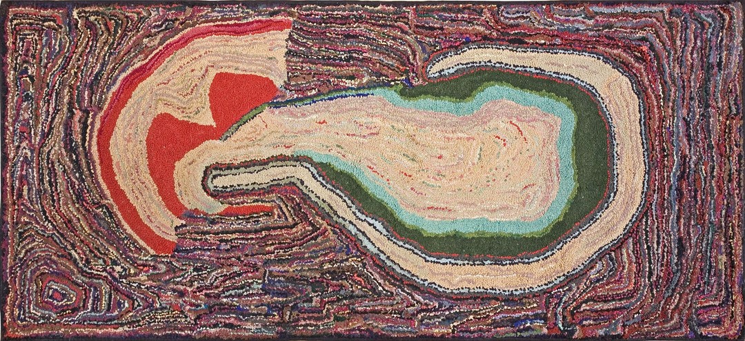 Multicolor vintage mid century modern american hooked artistic folk art rug