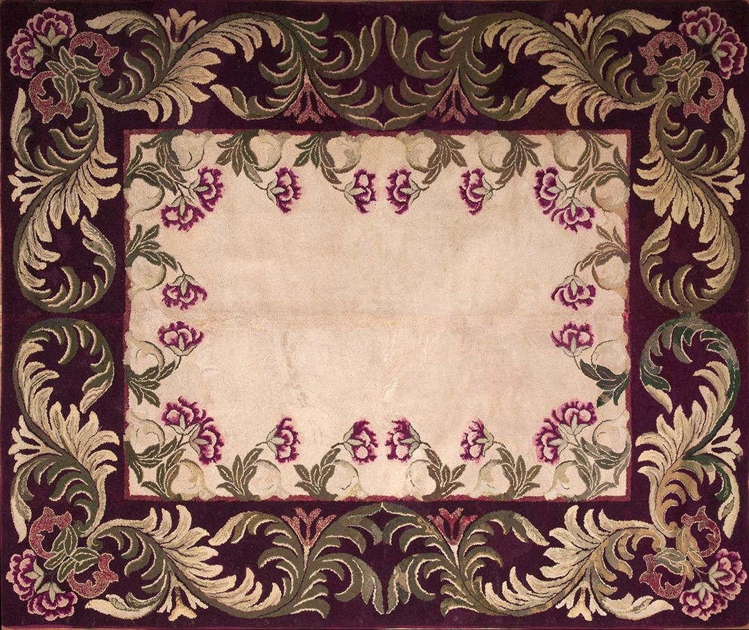 Antique cream color field european floral pattern american hooked rug