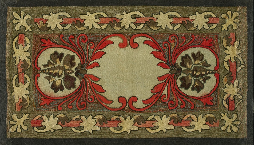 Rare antique artistic art nouveau design american hooked folk art rug