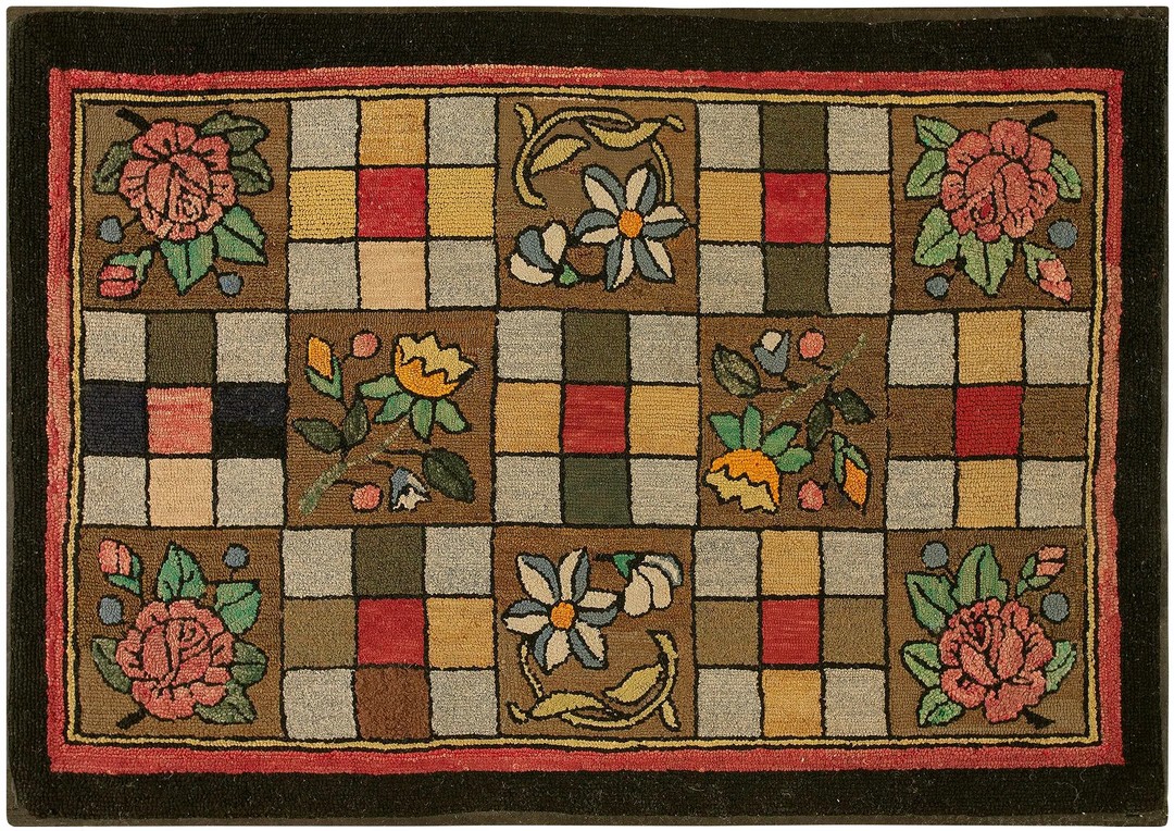 Small scatter size antique geometric checkered floral pattern american hooked folk art rug