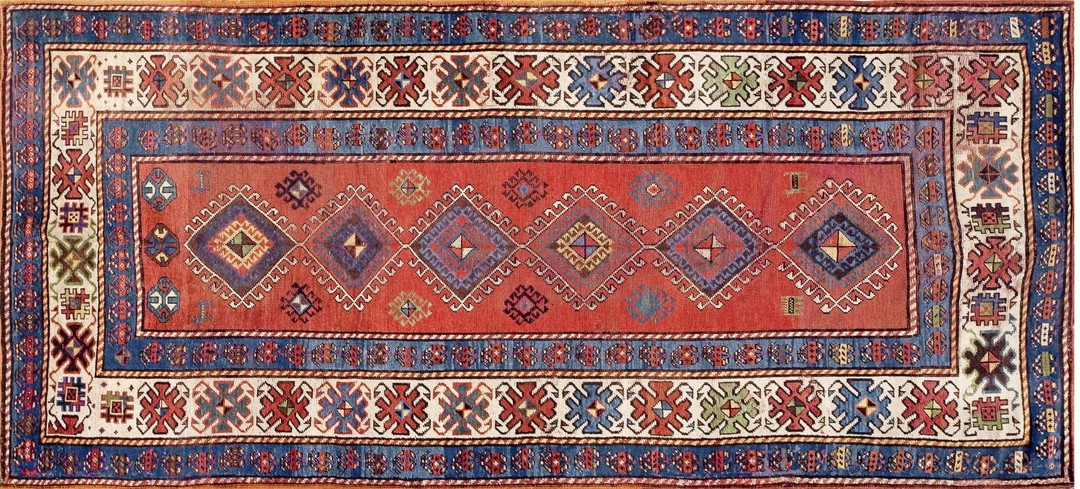 Rustic antique tribal geometric pattern caucasian kazak rug