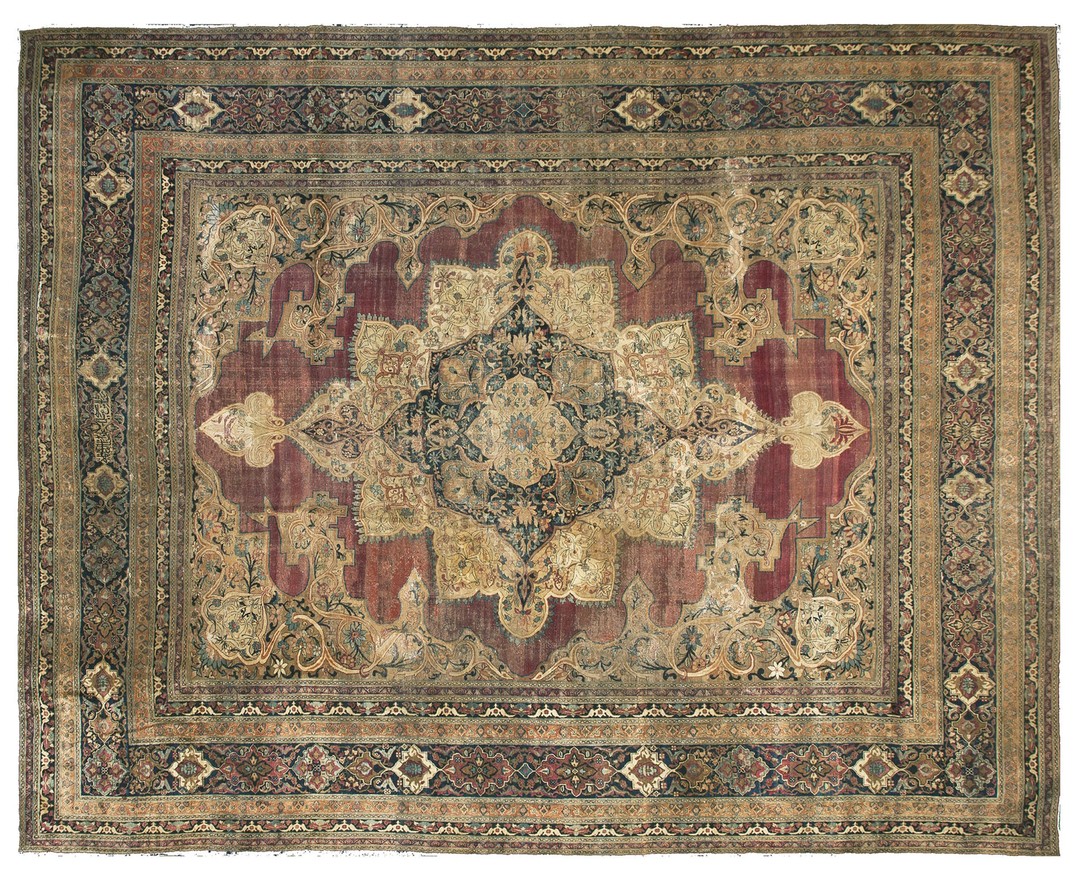 Fine antique large floral medallion hand knotted pile persian kerman rug