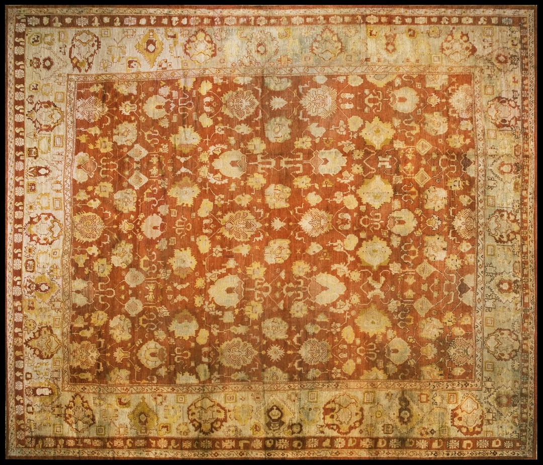 Large scale tribal pattern antique rustic coral color big turkish oushak rug