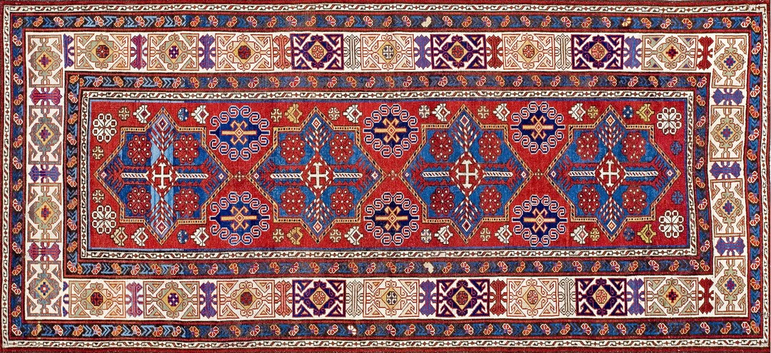 Late 19th century tribal antique bold colorful caucasian kuba rug