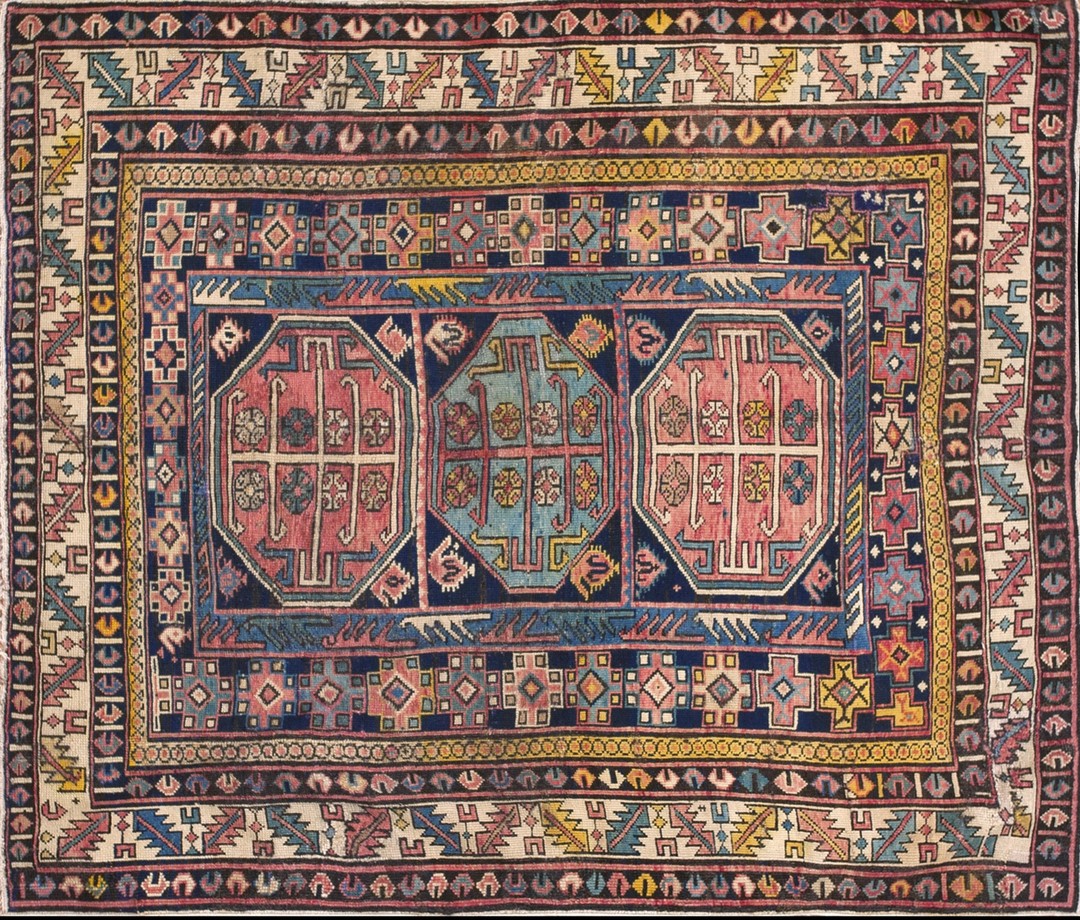 Early 20th century antique blue tribal geometric small size square shape caucasian shirvan rug