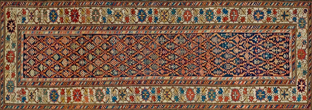 Rustic tribal geometric antique blue caucasian shirvan rug