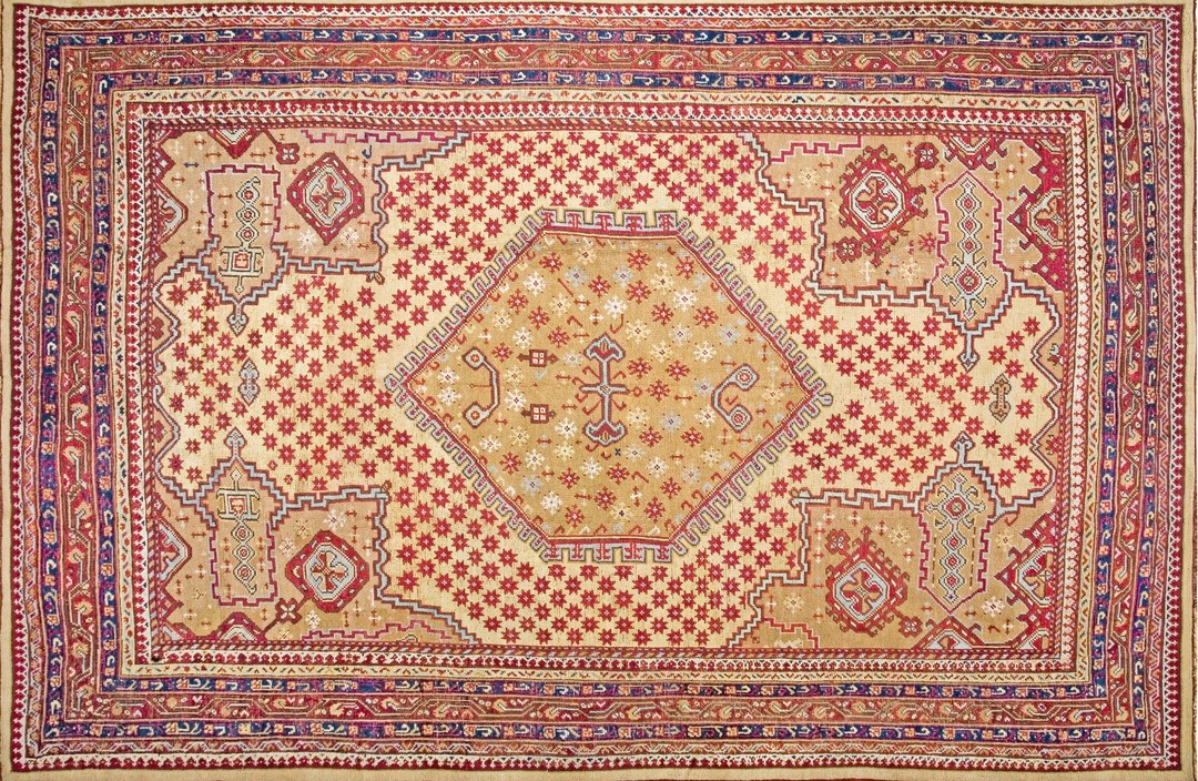 Unique hexagonal medallion design antique tribal turkish oushak rug