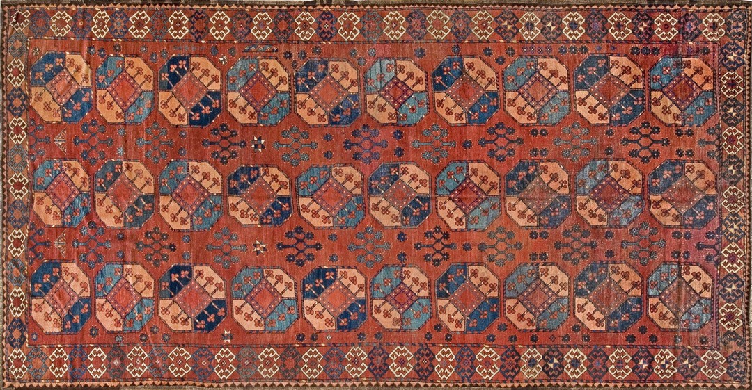 Rustic tribal bokara design antique ersari beshir wool pile central asian rug