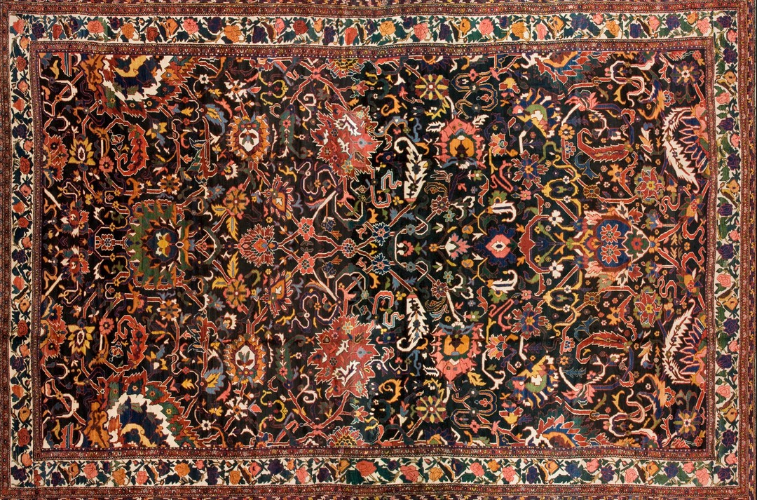 Bold tribal antique hand knotted wool pile oversized persian bakhtiari rug