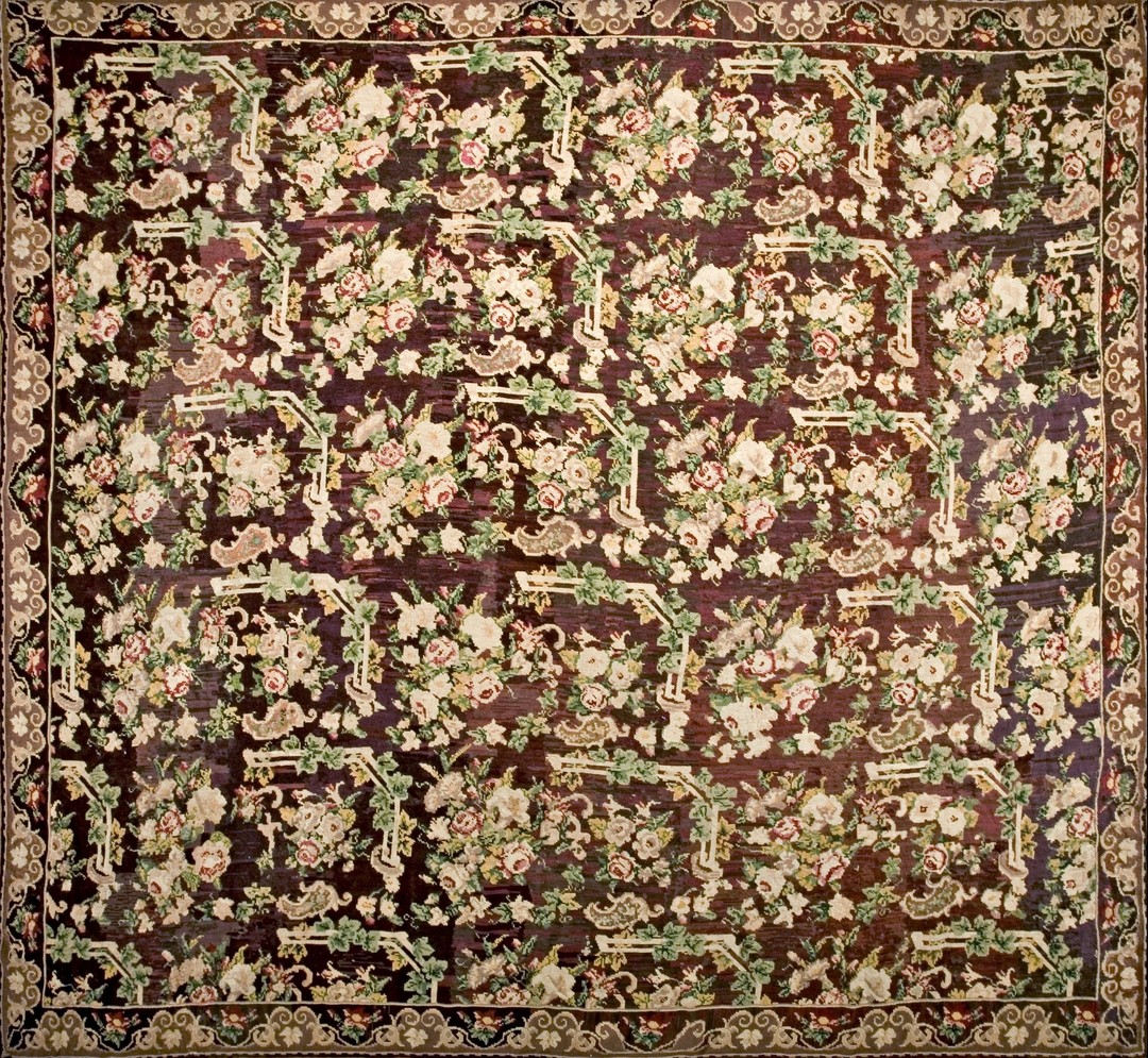 Brown ground european floral pattern antique room size english needlepoint rug