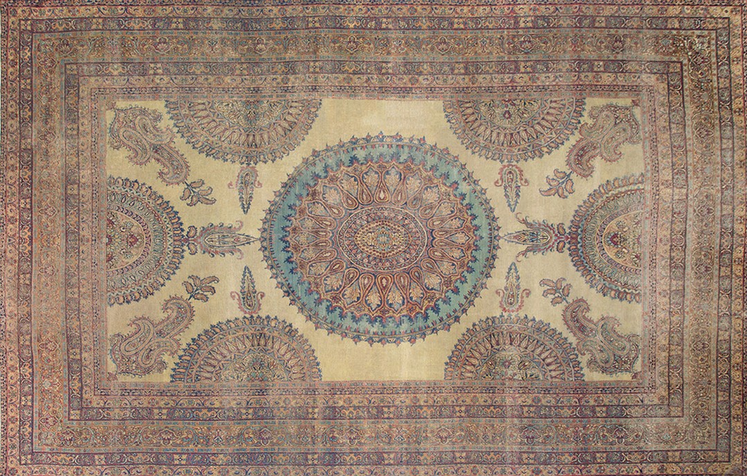 Antique large floral medallion hand knotted pile persian kerman rug