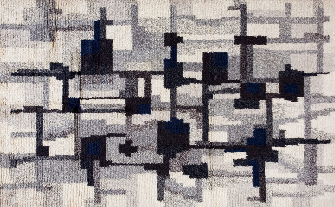 Vintage mid century modern geometric gray swedish shag pile rya scandinavian rug