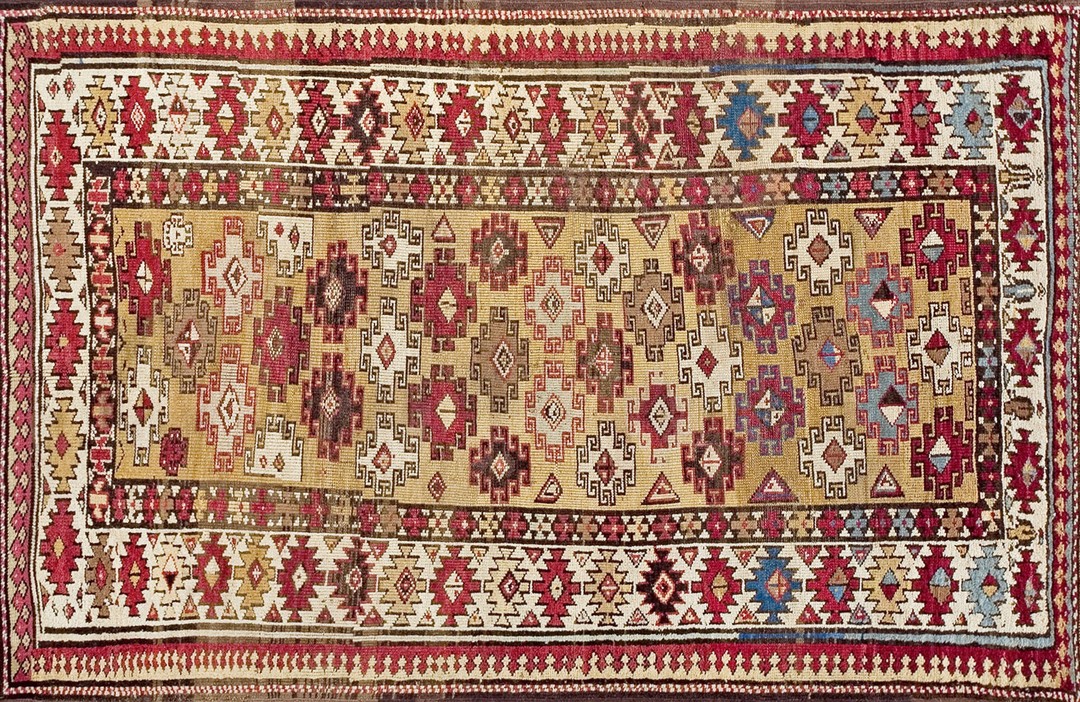 Small scatter size light yellow color antique tribal caucasian chi chi rug