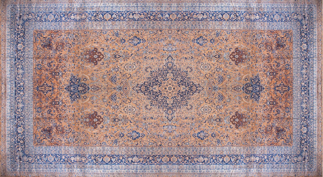 Fine oversized antique floral medallion pattern light earthy color persian kerman rug