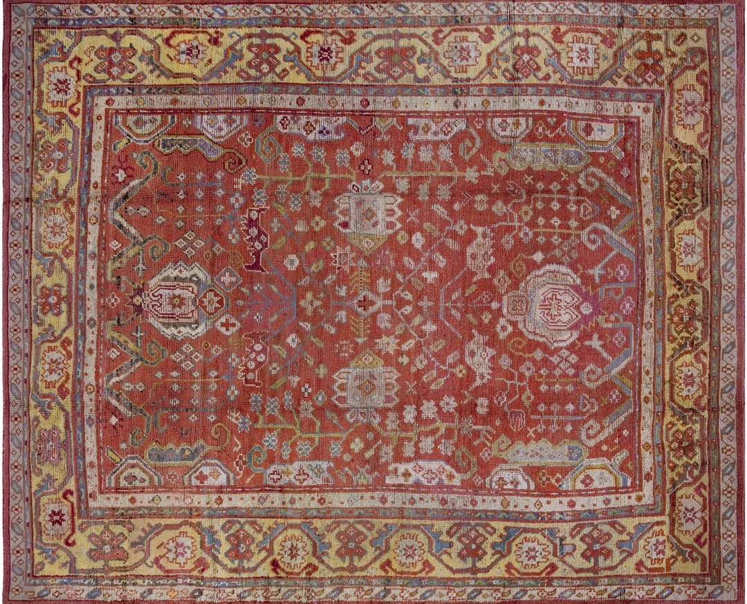 Large scale tribal palmette pattern antique rustic turkish oushak room size rug