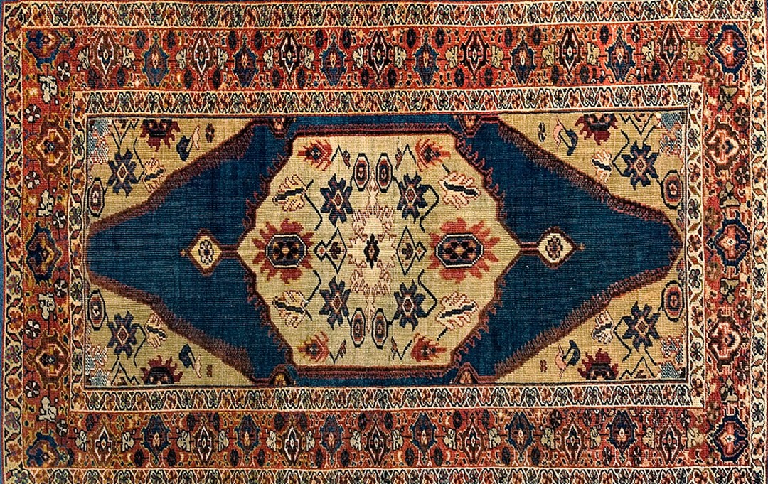 Blue field cream color tribal geometric medallion small antique persian sultanabad rug