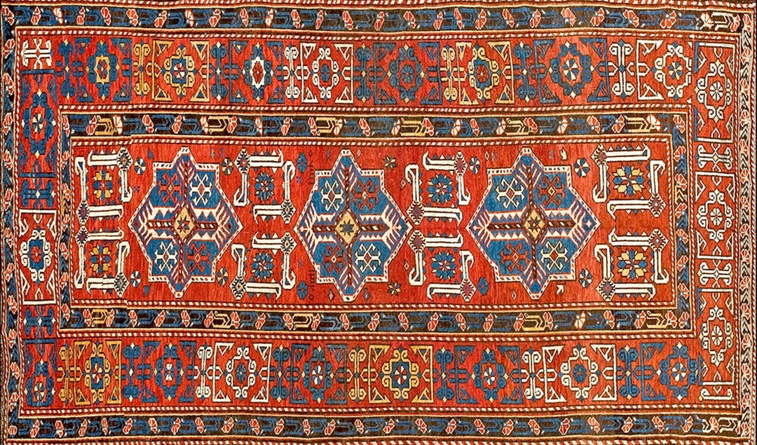 Bright bold red and blue color antique tribal geometric caucasian shirvan rug