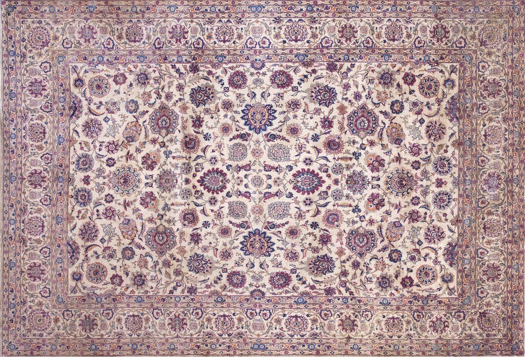 Fine weave light ivory color antique floral design silk persian kashan rug