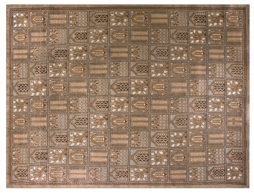 Vintage mid century brown geometric garden grid pattern persian tabriz rug