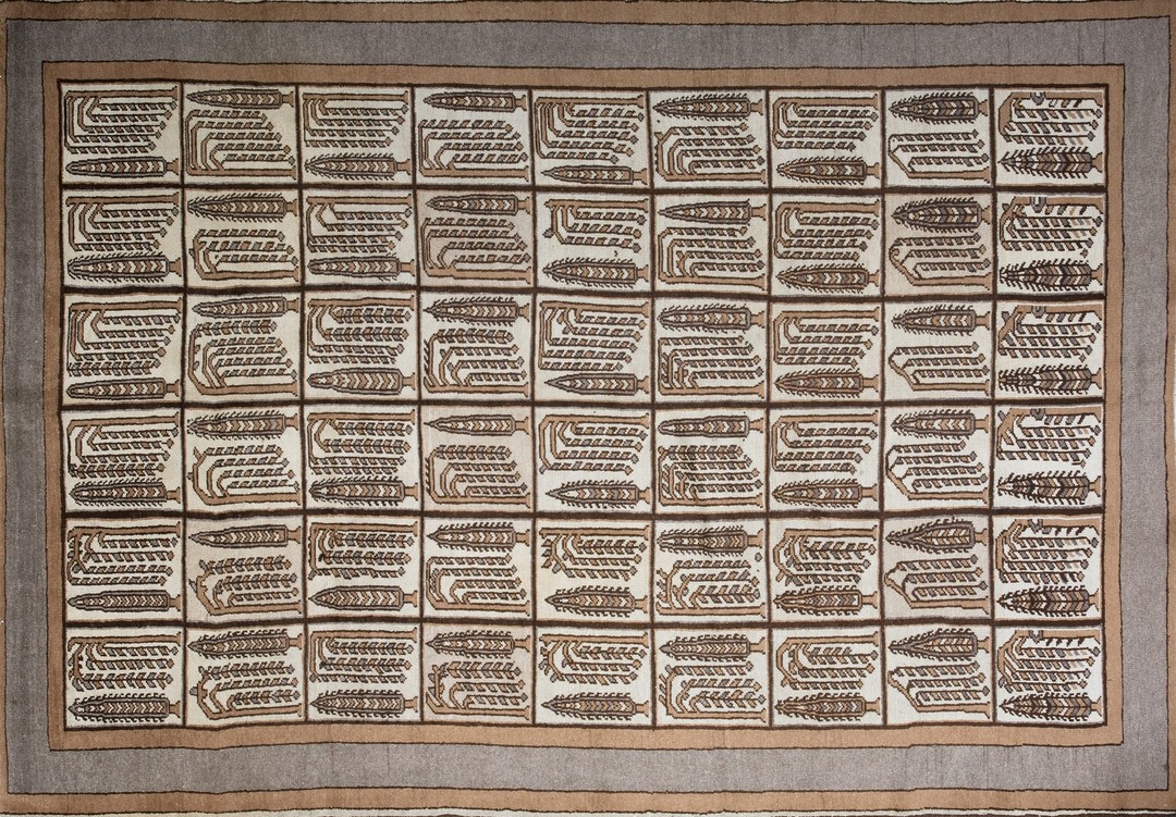 Antique allover geometric wool hand knotted pile ivory beige cream white 1930s rug