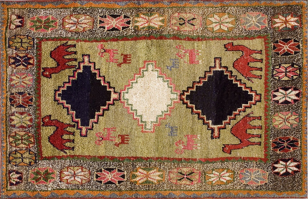 Rare green color small antique tribal camel animal design persian gabbeh small size rug