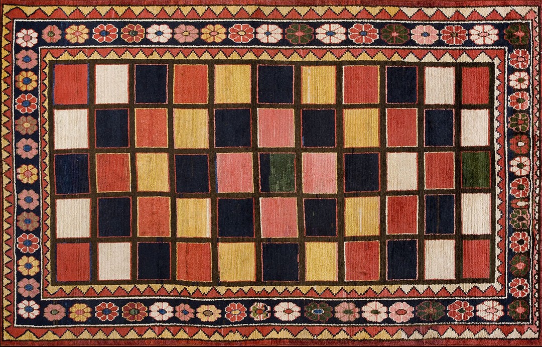 Colorful geometric checkerboard design persian antique tribal gabbeh rug