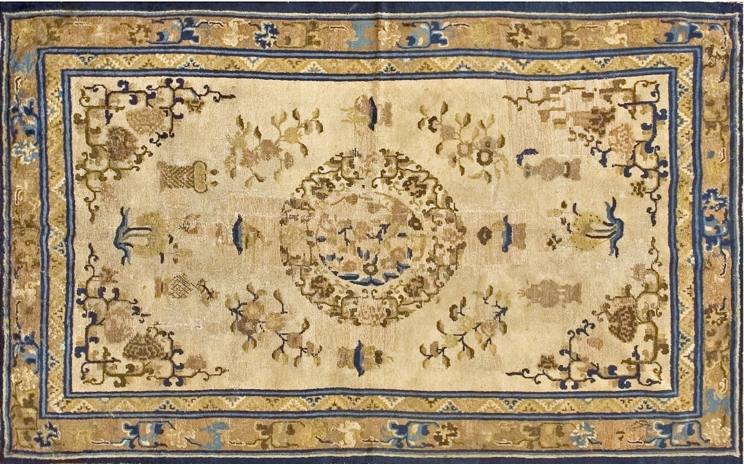 Late 19th century ivory antique chinese central floral medallion ningxia rug