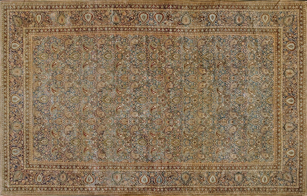 Fine blue antique dense allover floral pattern large room size persian paisley kashan rug