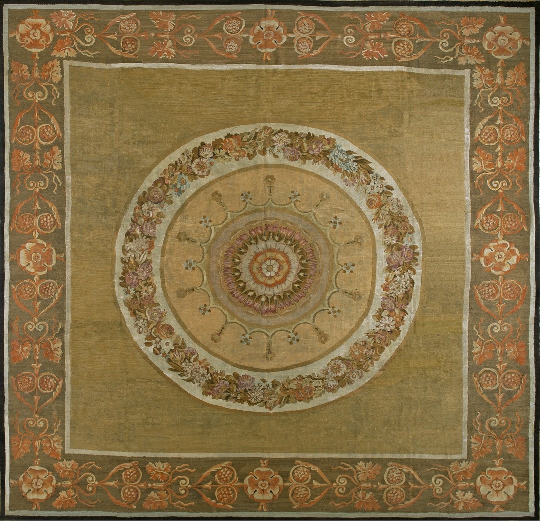 Green color floral medallion design antique square flatweave french aubusson rug